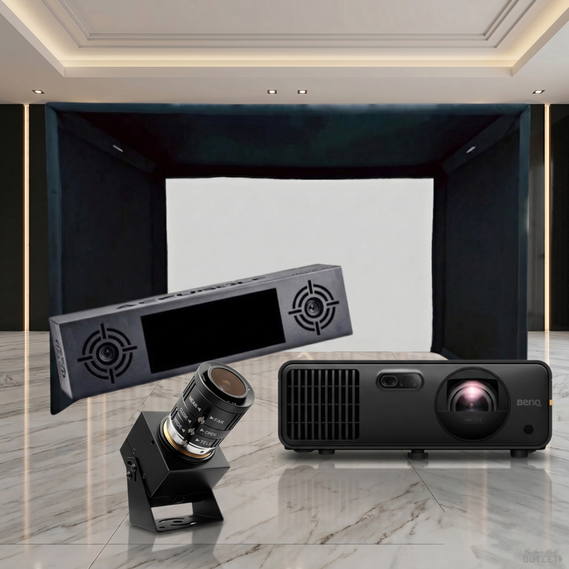 AccuGOLF Hawkeye Launch Monitor SIGPRO Commercial Golf Simulator Enclosure Projector Package — shown with the AccuGOLF swing camera.