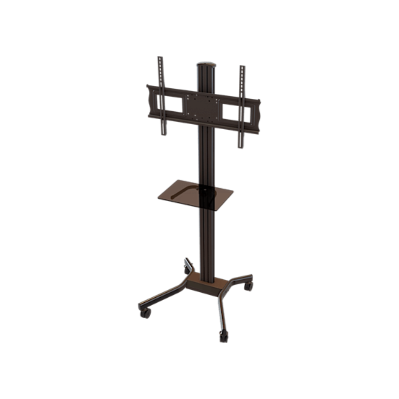 Adjustable Mobile Cart with Tempered Glass Shelf for 37" to 70" Screens angled view of black frame and tempered glass shelf with caster wheels.