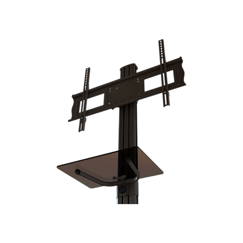 Adjustable Mobile Cart with Tempered Glass Shelf for 37" to70" Screens upward view of tv mount and glass shelf support.
