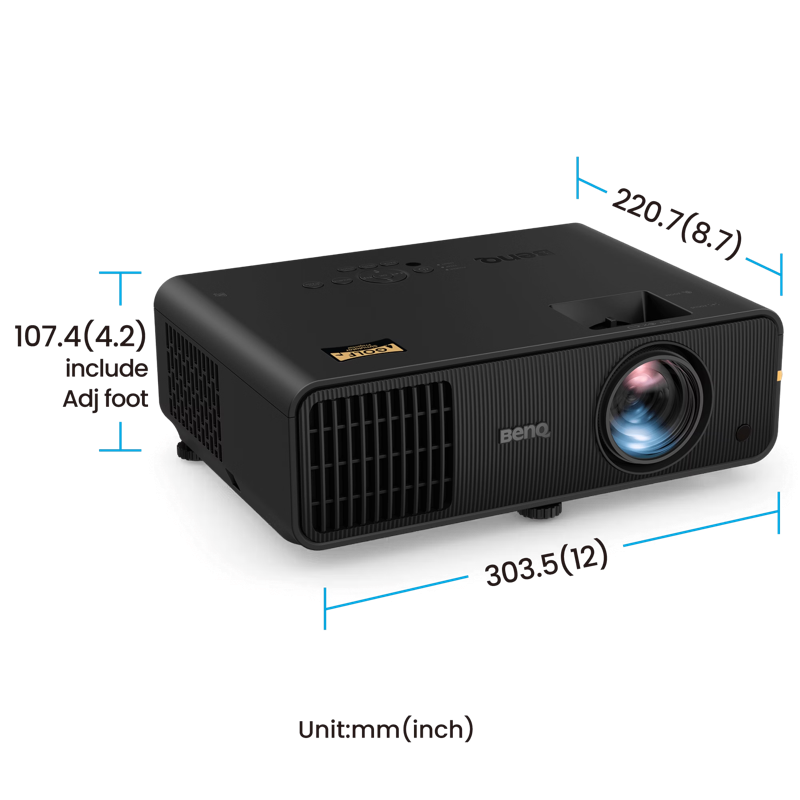 BenQ AH30ST 3000 Lumen Golf Simulator Projector angled view with dimensions in inch and mm.