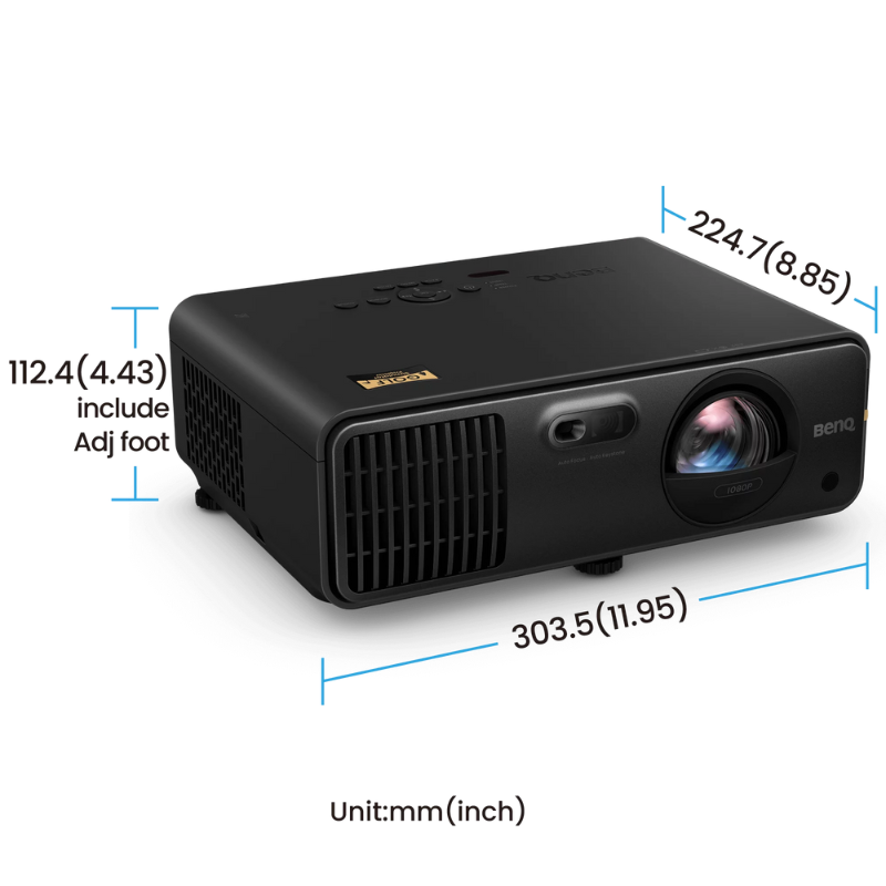 Certified Refurbished BenQ AH700ST 4000-Lumen Short Throw 1080P Laser Golf Simulator Projector front view with dimensions.