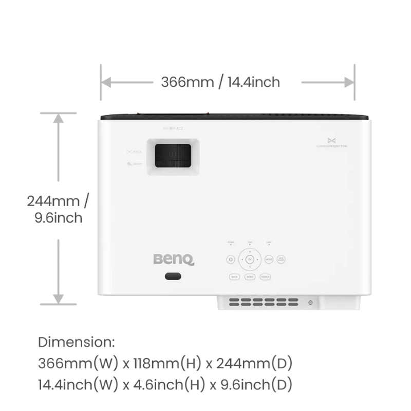 BenQ X500i 4K HDR 4LED Short Throw Console Gaming Projector top view with dimensions.