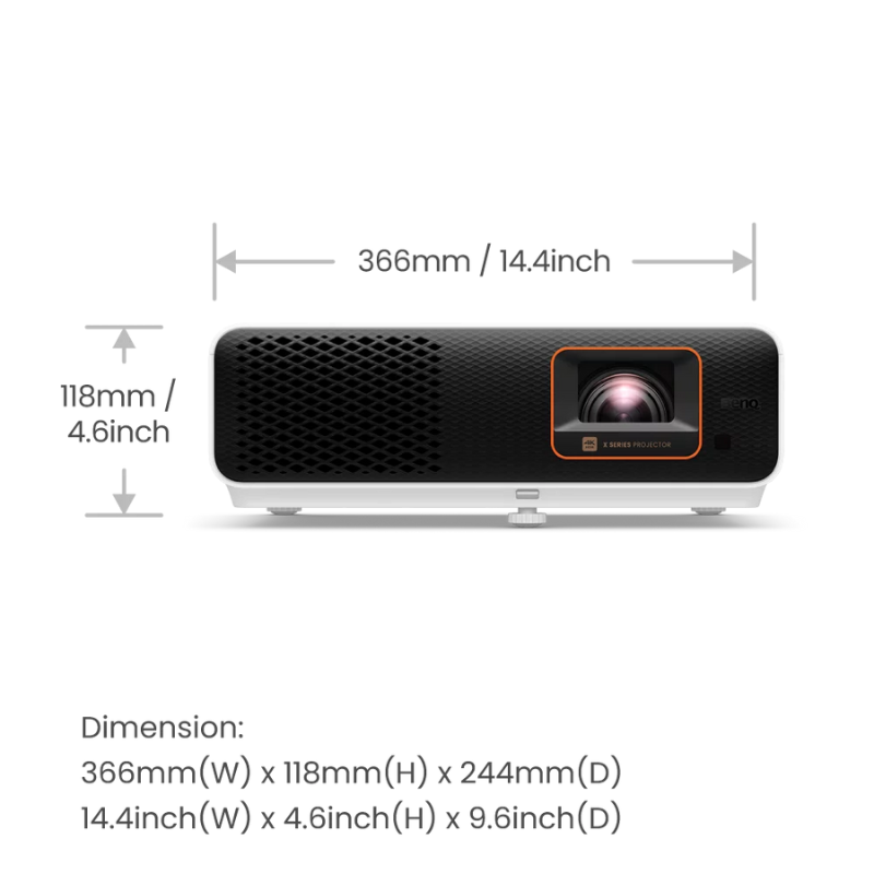 BenQ X500i 4K HDR 4LED Short Throw Console Gaming Projector front view with dimensions.