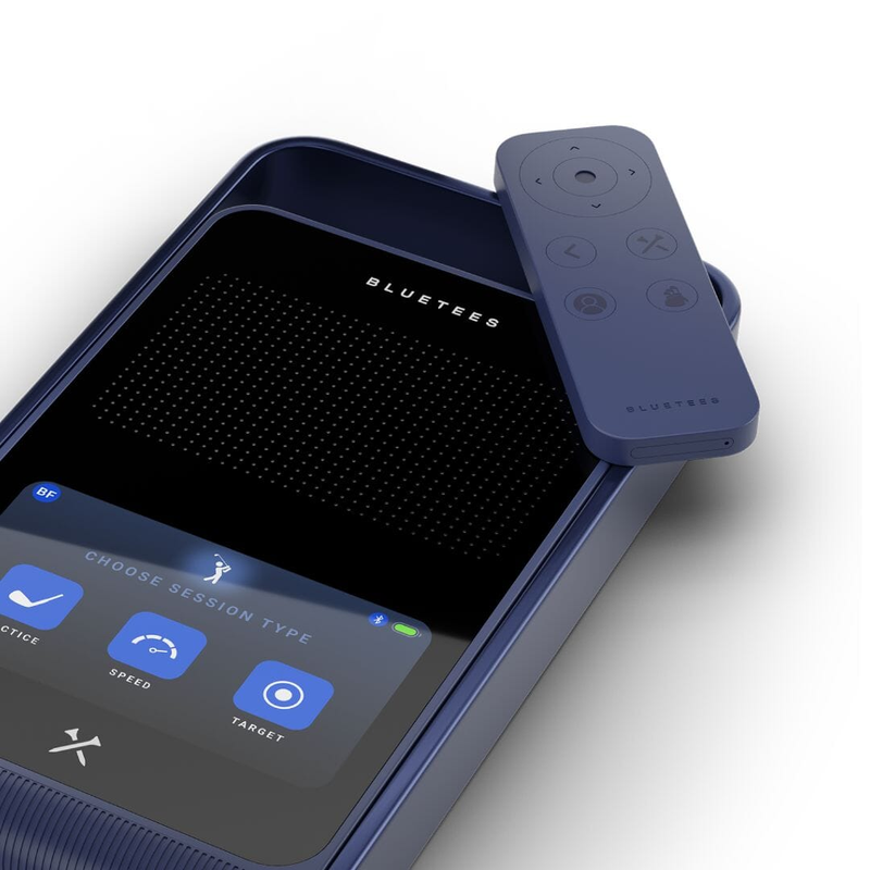 Blue Tees Rainmaker Launch Monitor session type menu with remote.
