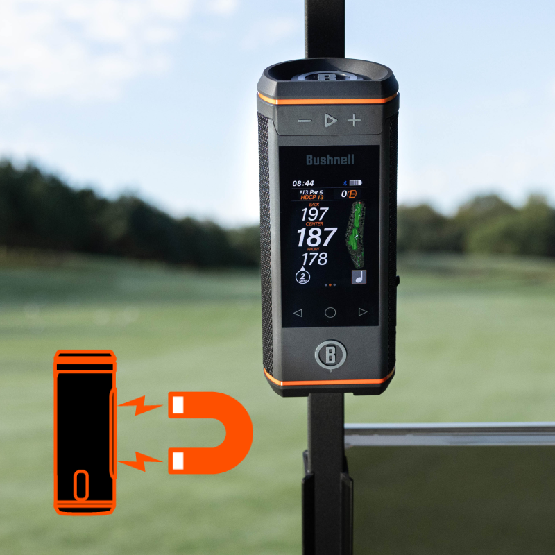 Bushnell Wingman HD BITE magnetic mount on a golf cart.