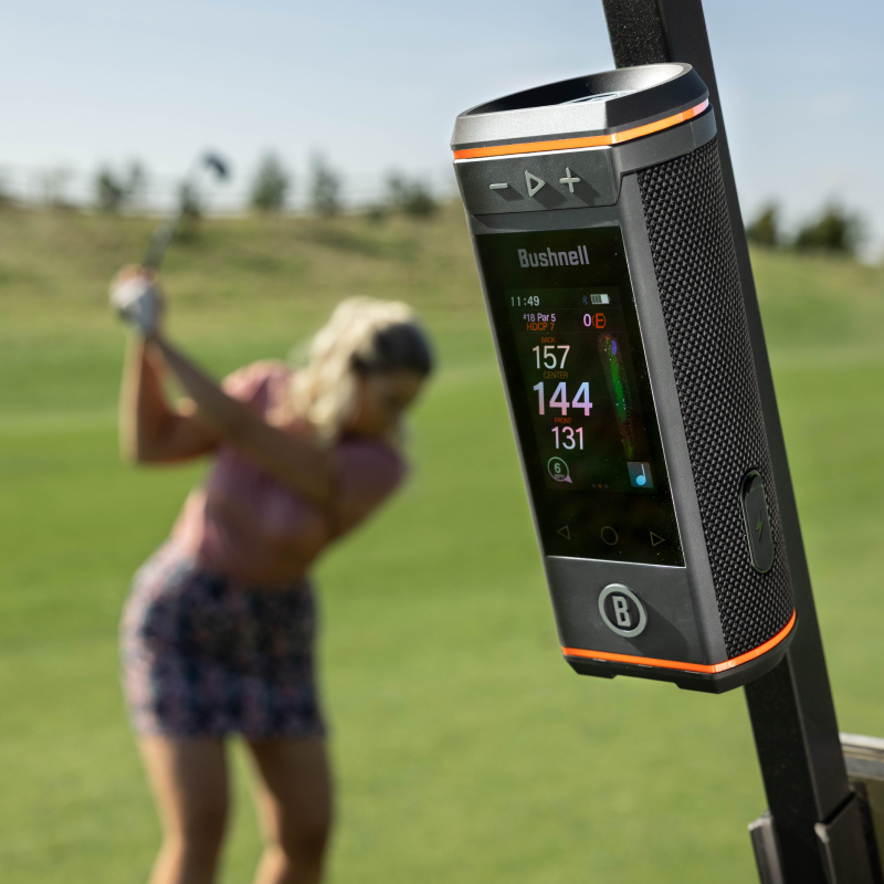 Bushnell Wingman HD mounted on a golf cart bar.