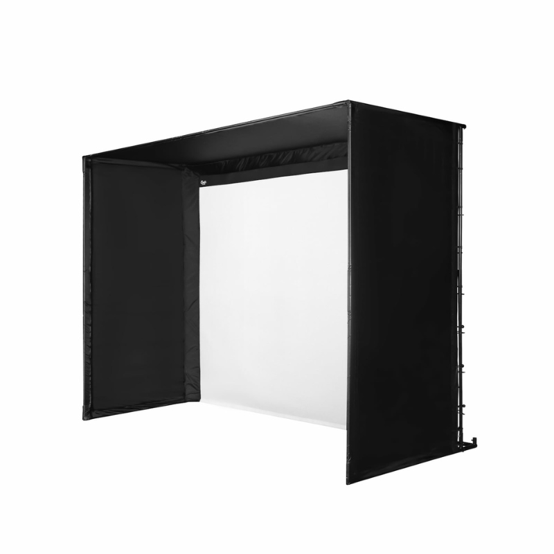 Carl's Place DIY Golf Simulator Enclosure Kit with Impact Screen side view and no back cover.
