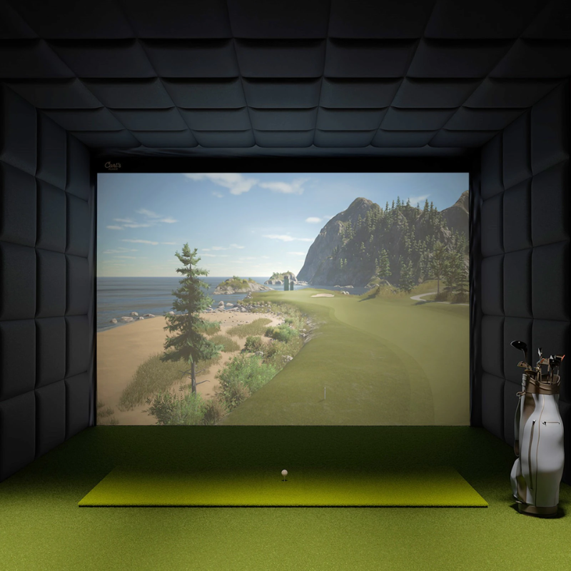 Carl's Place Built-In Golf Room Kit with Hitting Mat and golf bag.