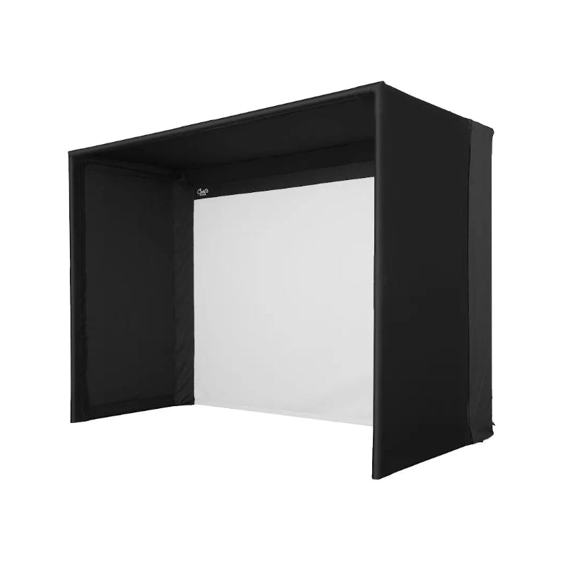 Carls Place C-Series Pro Golf Simulator Enclosure Kit with Impact Screen front angle view.