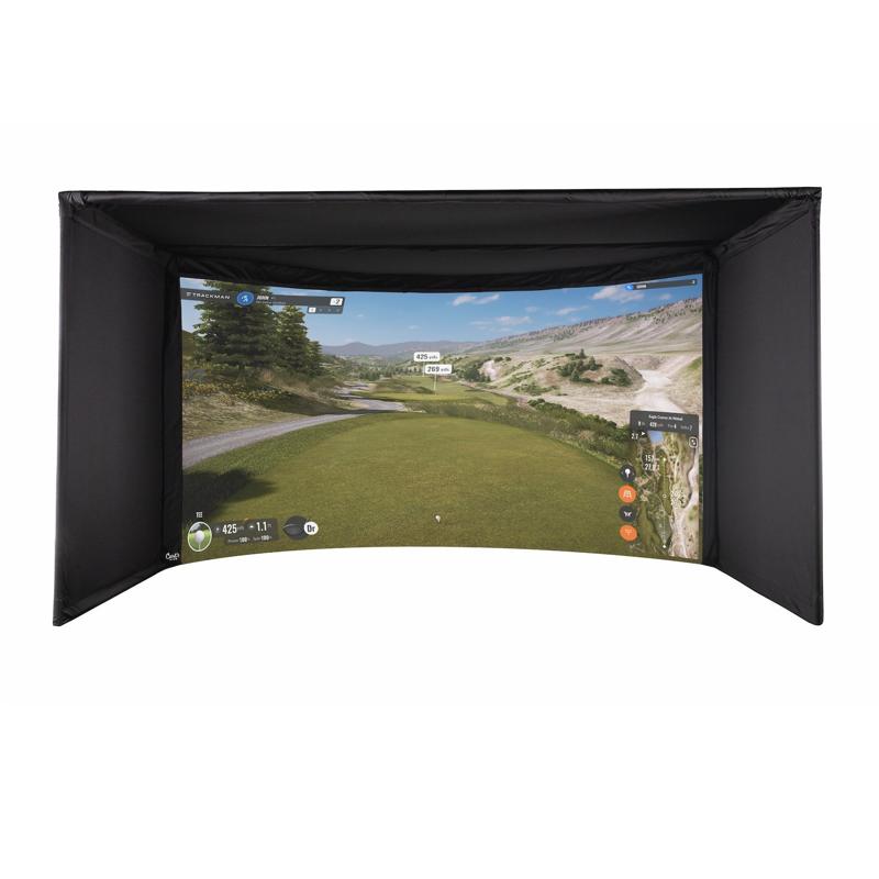 Front view of the Carl's Place Curved enclosure in this package with a course image projected on the curved impact screen.