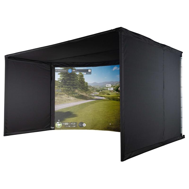 Side view of the Carl's Place Curved enclosure in this package with a projected image on the screen.