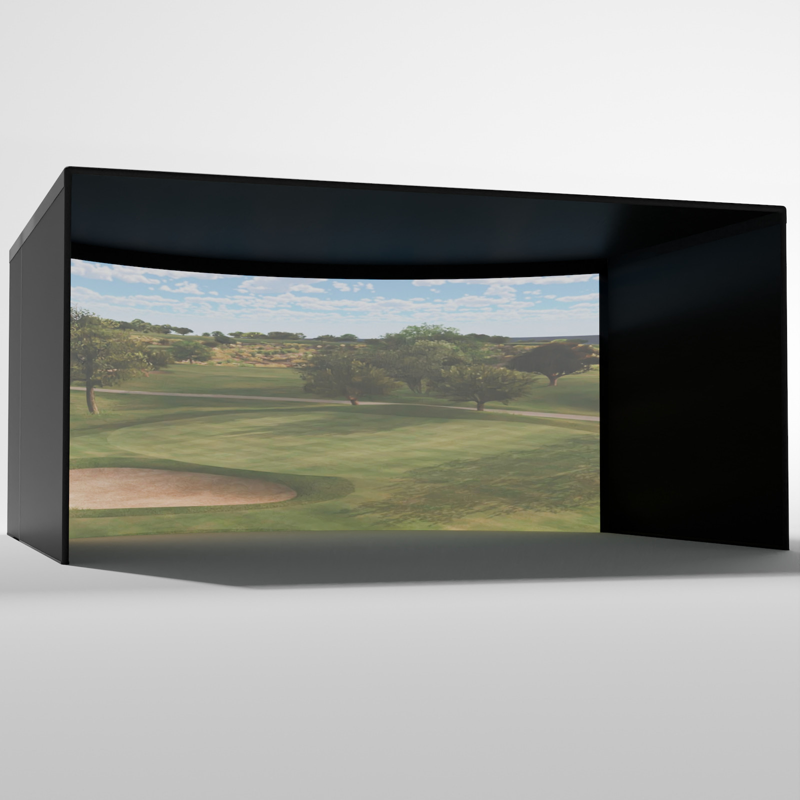 Angled view of the Carl's Place Curved enclosure in this package showing the curved screen and black enclosure frame.