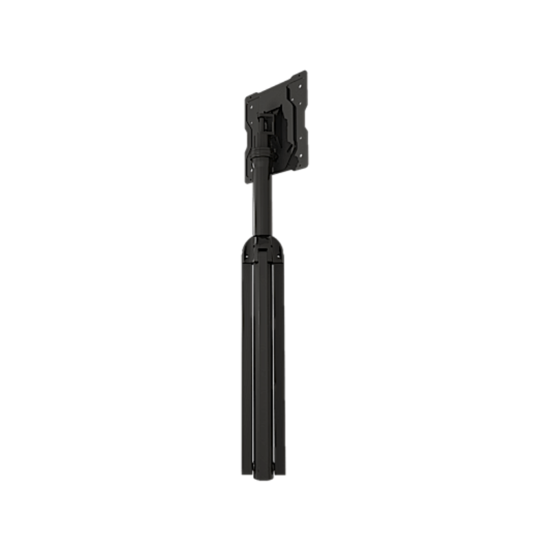 Collapsible Floor Stand for 32" to 75" Displays back angled view of the folded black metal floor stand and mounting bracket.