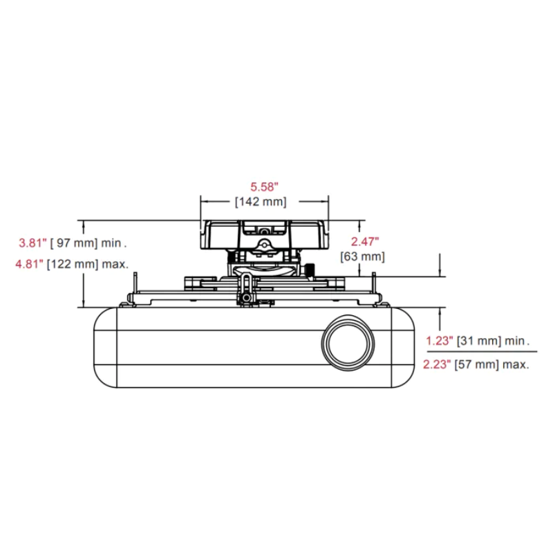 Drop-Mount Projector Mounting Kit dimensions.