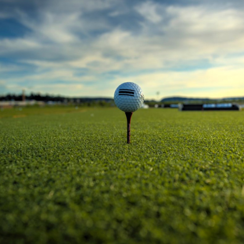 EZTee Poly Golf Hitting Strip and Tee Line Turf close view with golf ball and tee.