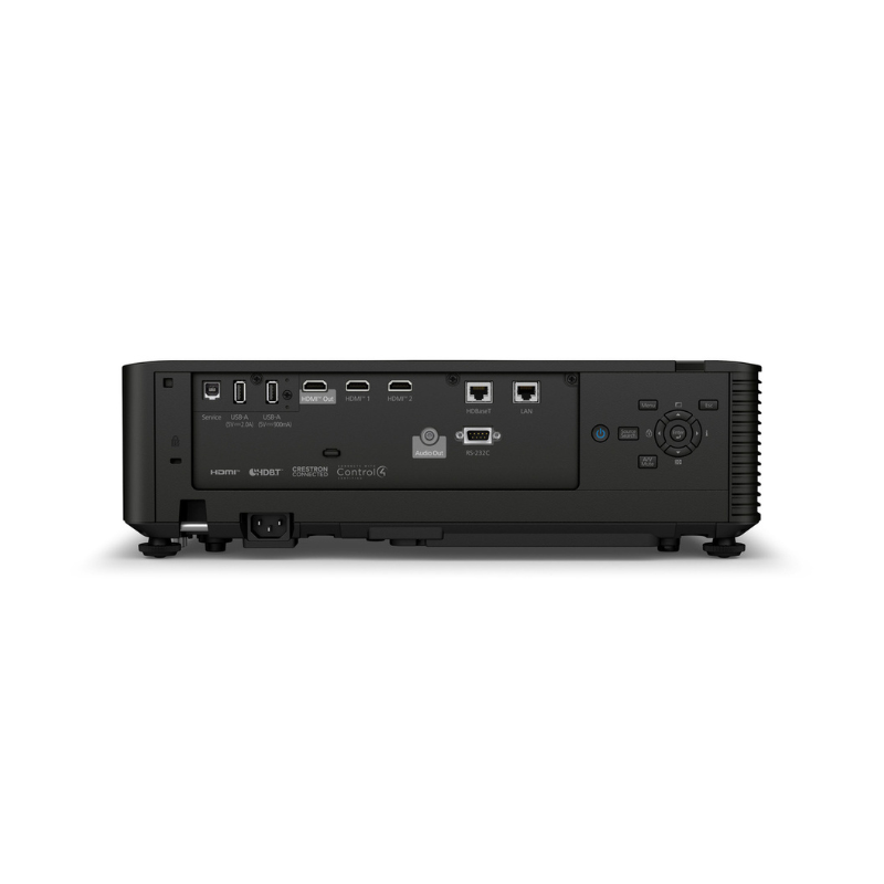 Epson L695SE PowerLite 6000 Lumen WUXGA Short Throw 3LCD Laser Projector with 4K Enhancement back view input ports black case.