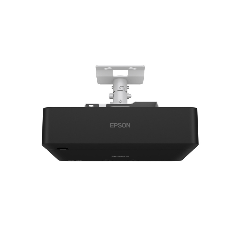 Epson L695SE PowerLite 6000 Lumen WUXGA Short Throw 3LCD Laser Projector with 4K Enhancement rear view ceiling mount epson logo black case.
