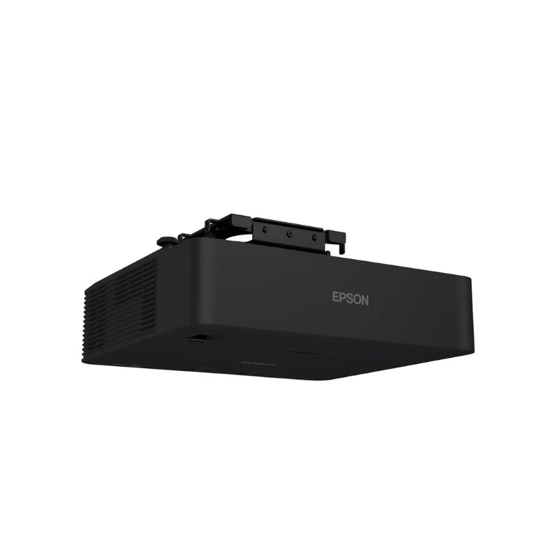 Epson L695SU PowerLite 6200-Lumen WUXGA Short Throw 3LCD Laser Projector angled rear left black compacted ceiling mount.