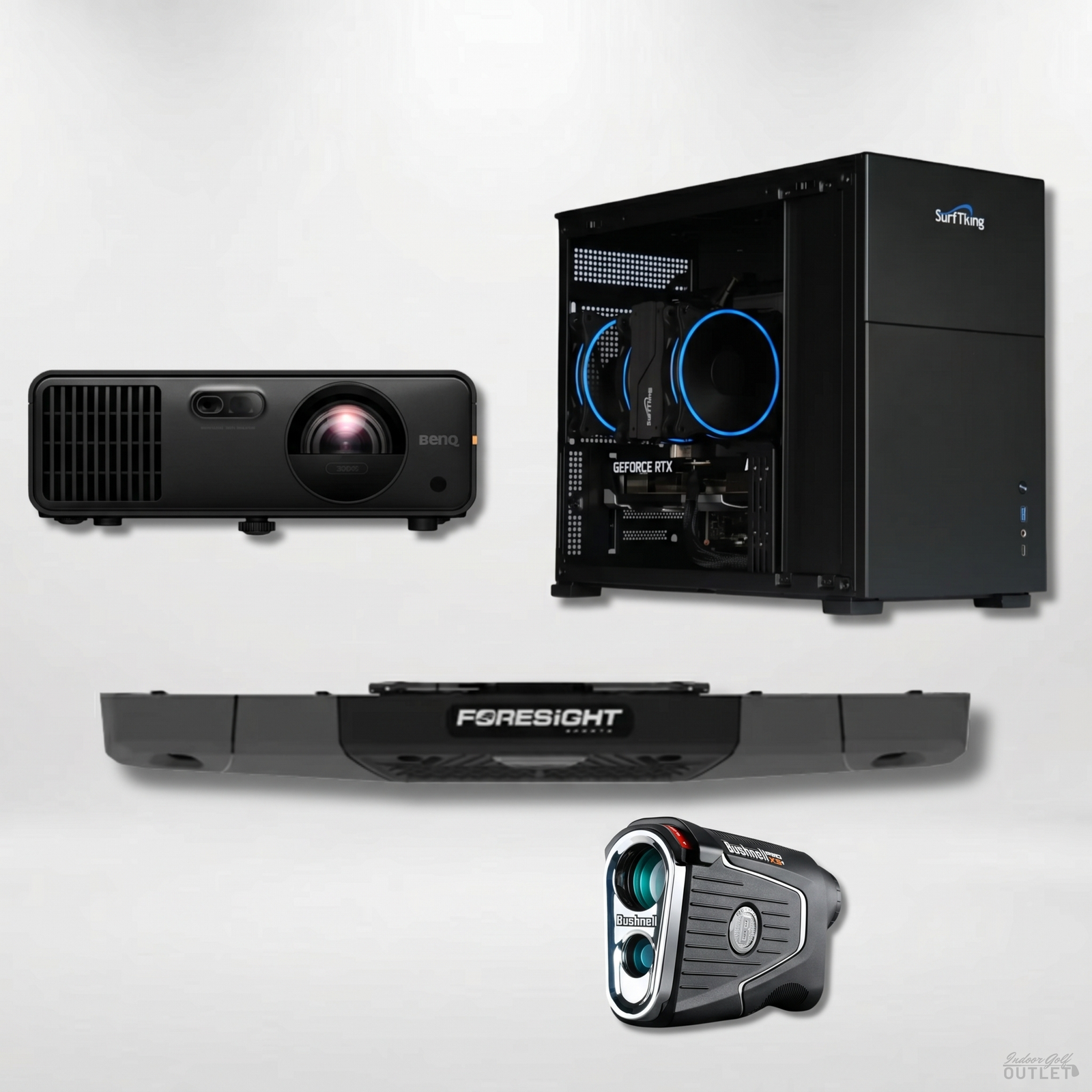 Foresight Sports Falcon Launch Monitor Projector Golf Simulator Computer Package shown with a Bushnell Pro X3 rangefinder.