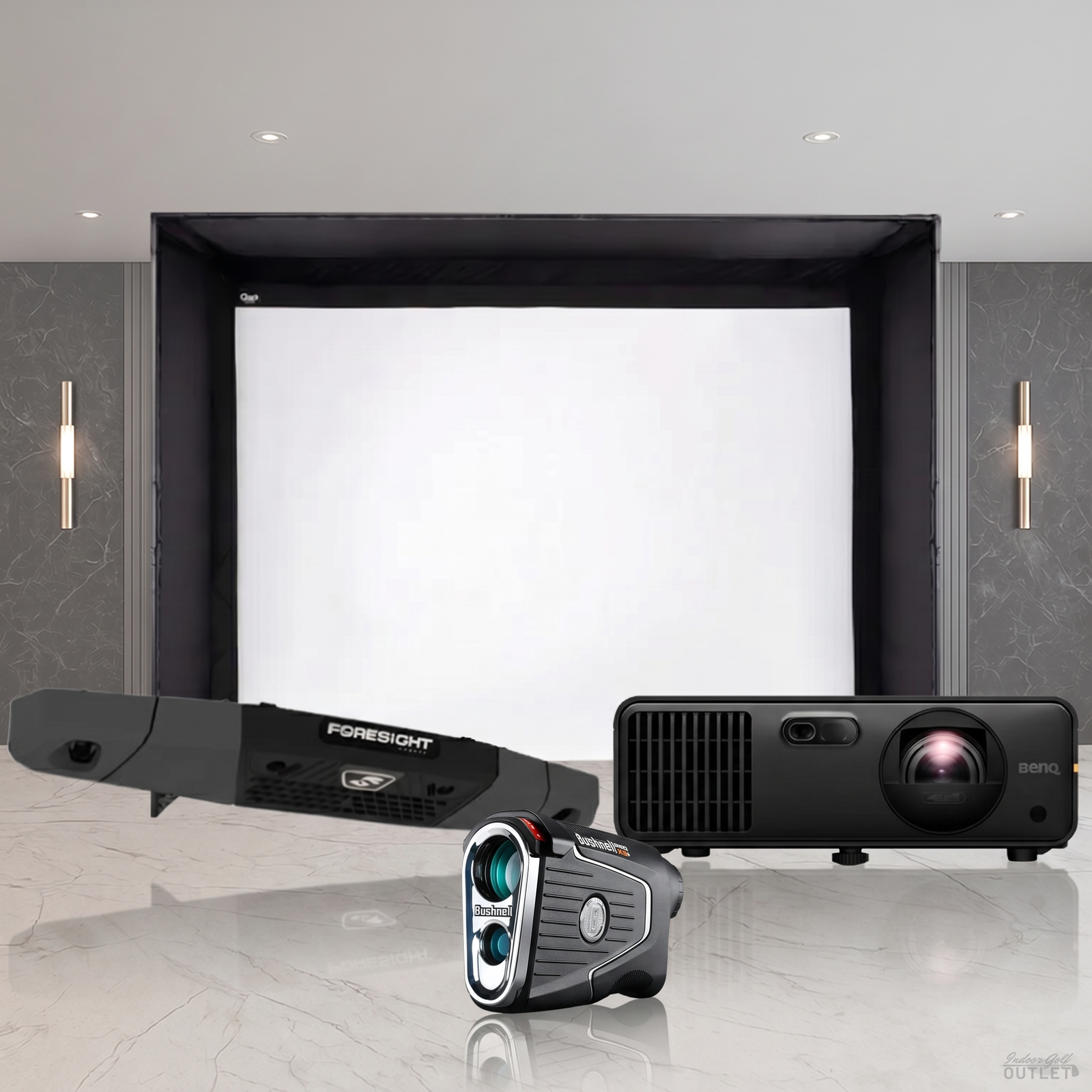 Foresight Sports Falcon Launch Monitor Projector DIY Golf Simulator Enclosure Package shown with a Bushnell Pro X3 rangefinder.
