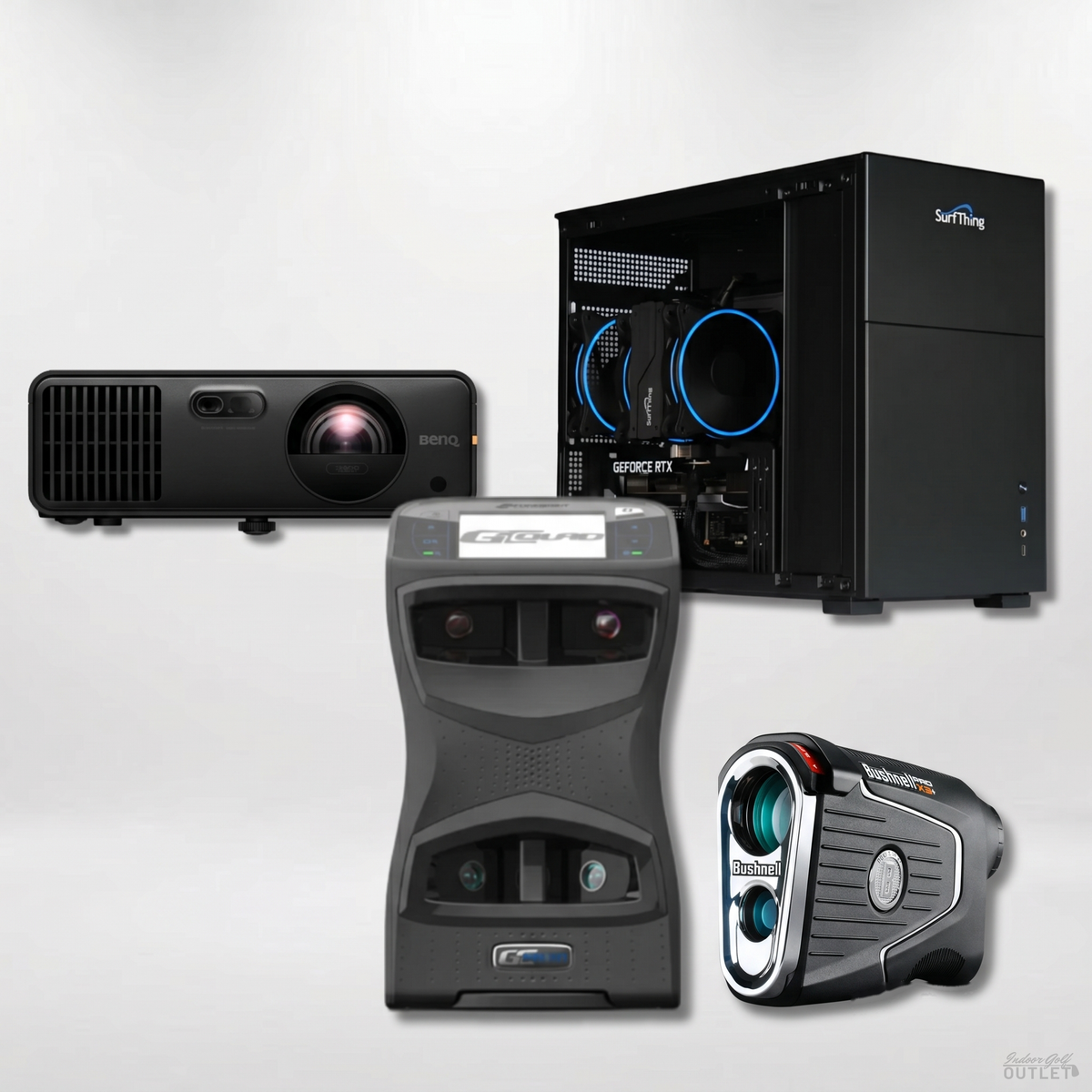 Foresight Sports GCQuad Launch Monitor Projector Golf Simulator Computer Package shown with a Bushnell Pro X3 rangefinder.