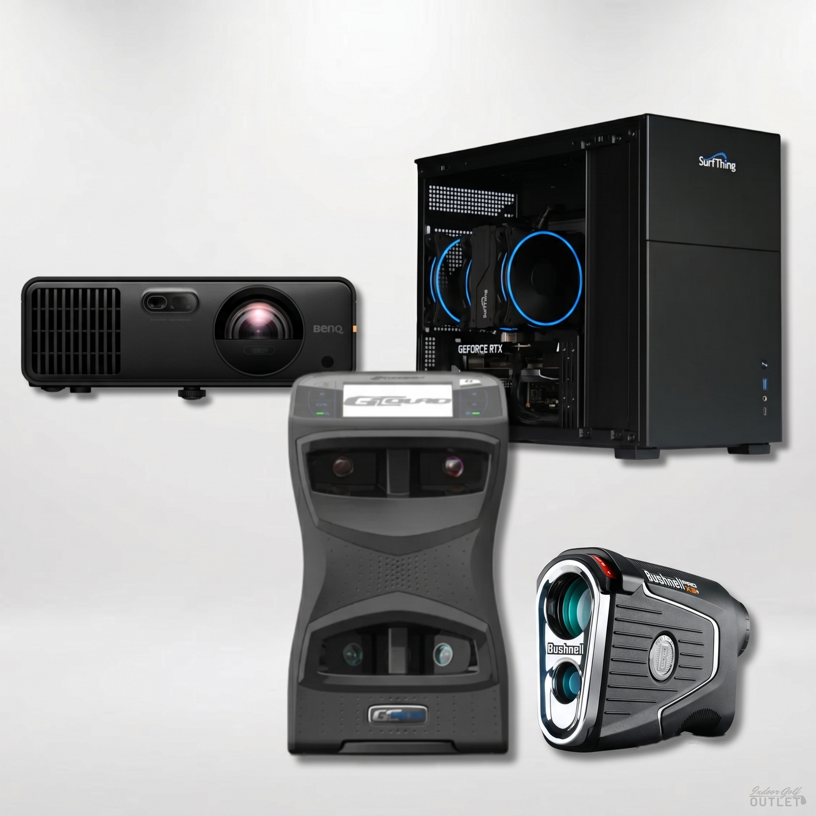 Foresight Sports GCQuad Launch Monitor Projector Golf Simulator Computer Package shown with a Bushnell Pro X3 rangefinder.