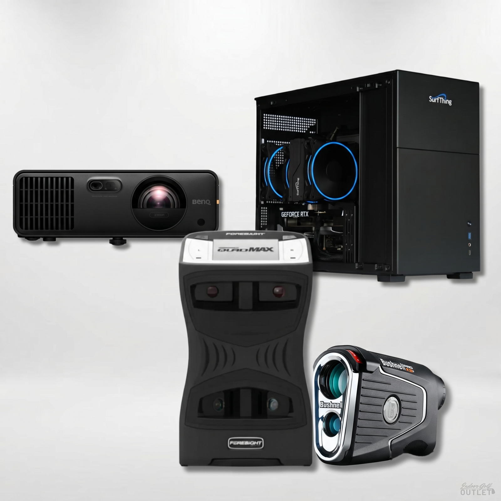 Foresight Sports QuadMAX Launch Monitor Projector Golf Simulator Computer Package shown with a Bushnell Pro X3 rangefinder.