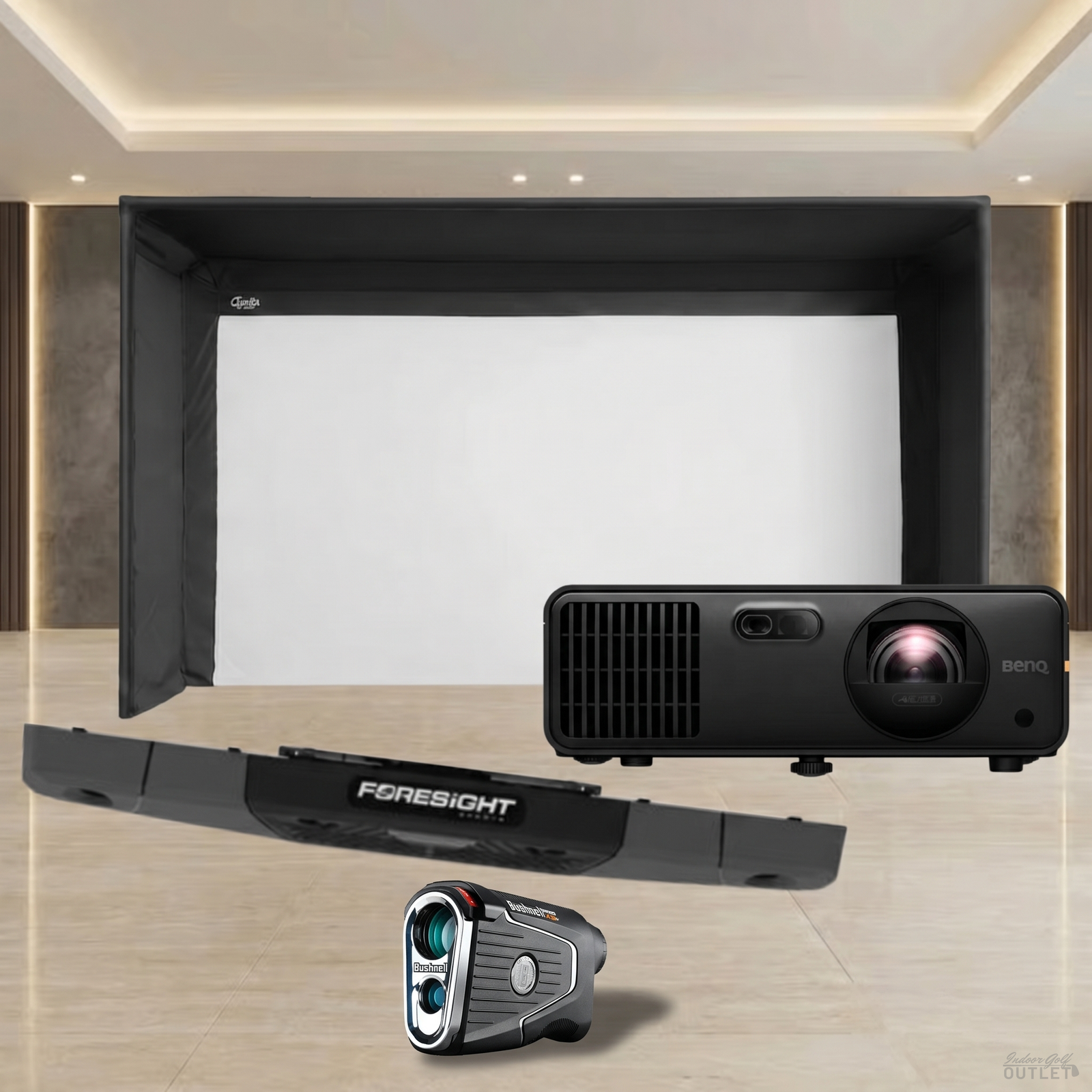 Foresight Sports Falcon Launch Monitor Projector Carl's Place Pro Golf Simulator Enclosure Package shown with a Bushnell Pro X3 rangefinder.