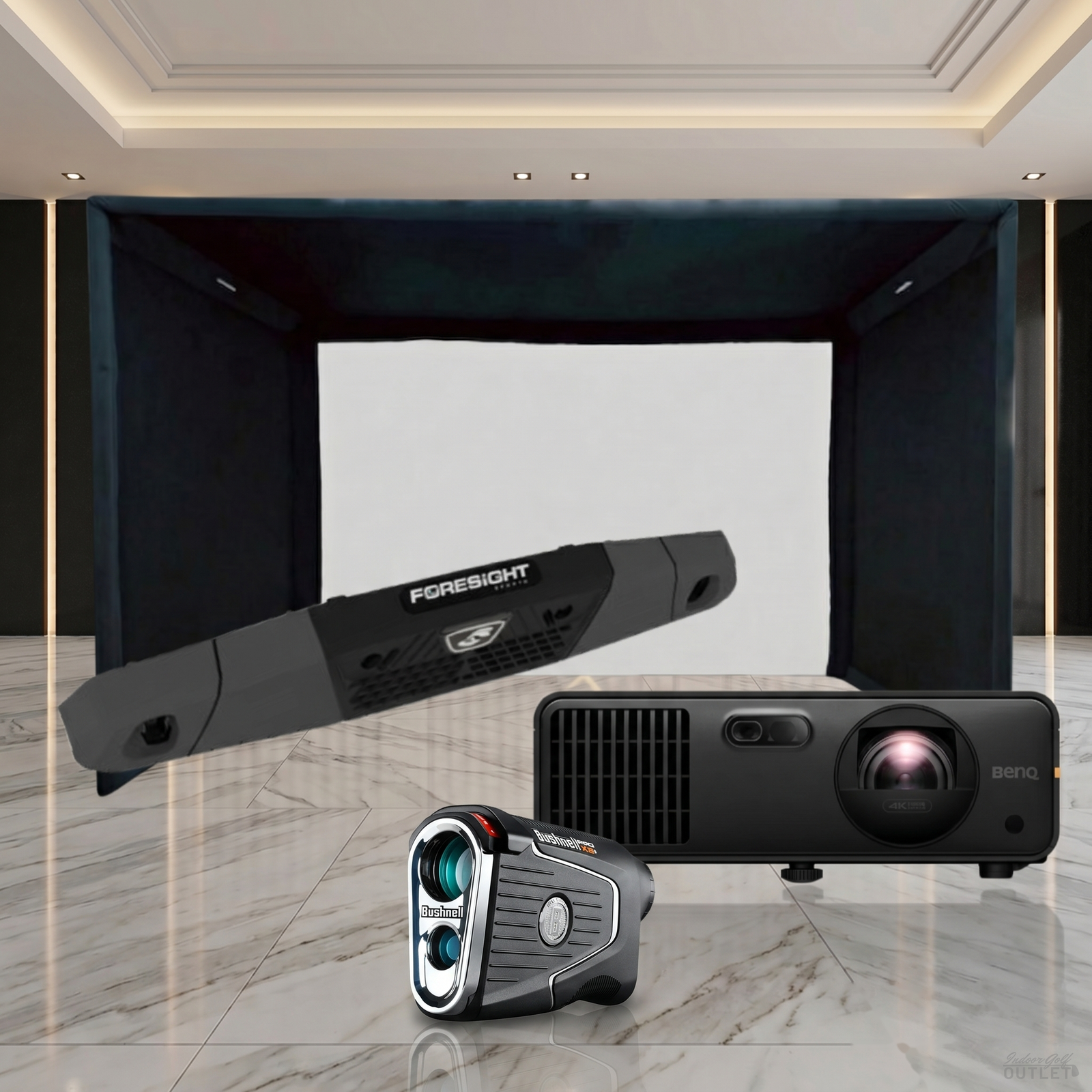 Foresight Sports Falcon Launch Monitor Projector SIGPRO Commercial Golf Simulator Enclosure Package shown with a Bushnell Pro X3 rangefinder.