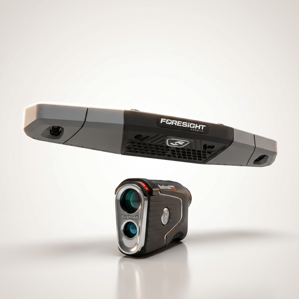 Foresight Sports Falcon Launch Monitor shown with a Bushnell Pro X3 rangefinder.