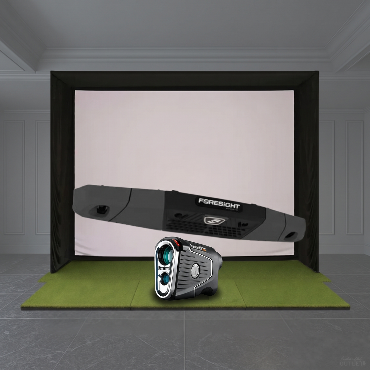 Foresight Sports Falcon Launch Monitor SIG Golf Simulator Studio Package shown with a Bushnell Pro X3 rangefinder.