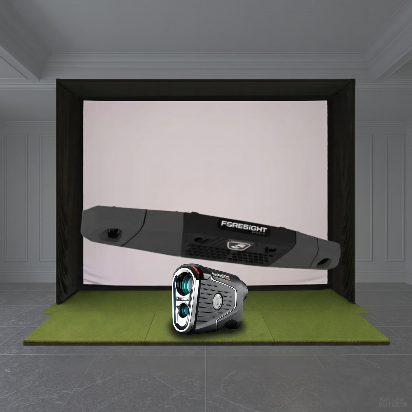 Foresight Sports Falcon Launch Monitor SIG Golf Simulator Studio Package shown with a Bushnell Pro X3 rangefinder.