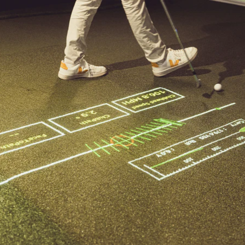 Foresight Sports Focus Club Tracer System golfer overhead view of club data projector on floor.