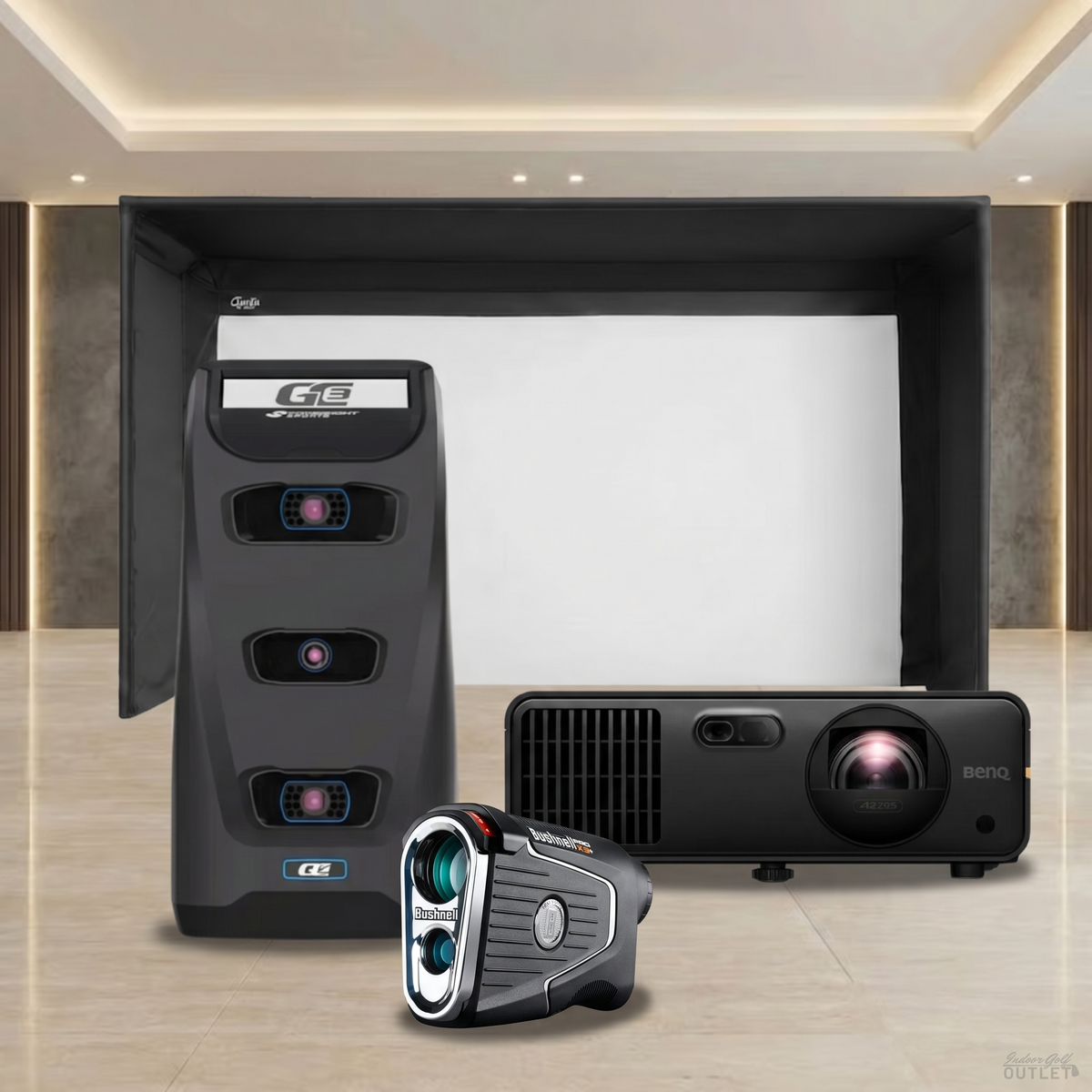 Foresight Sports GC3 Launch Monitor Projector Carl's Place Pro Golf Simulator Enclosure Package shown with a Bushnell Pro X3 rangefinder.