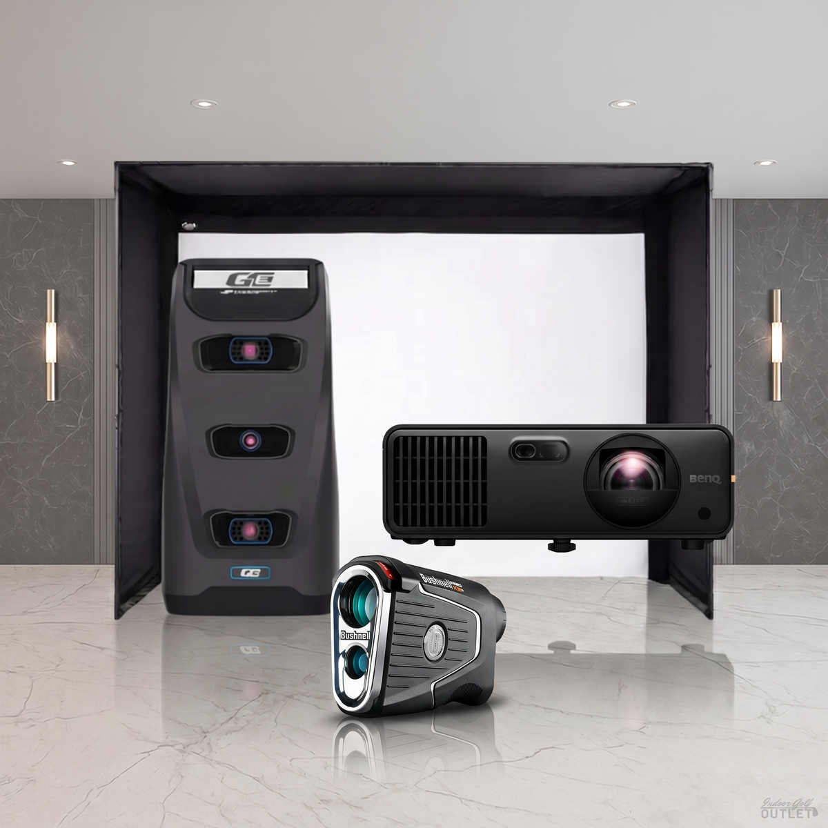 Foresight Sports GC3 Launch Monitor Projector DIY Golf Simulator Enclosure Package shown with a Bushnell Pro X3 rangefinder.