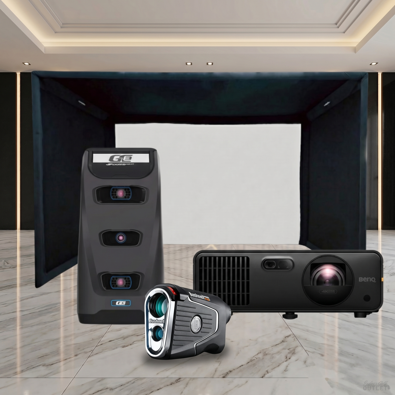 Foresight Sports GC3 Launch Monitor Projector SIGPRO Commercial Golf Simulator Enclosure Package shown with a Bushnell Pro X3 rangefinder.