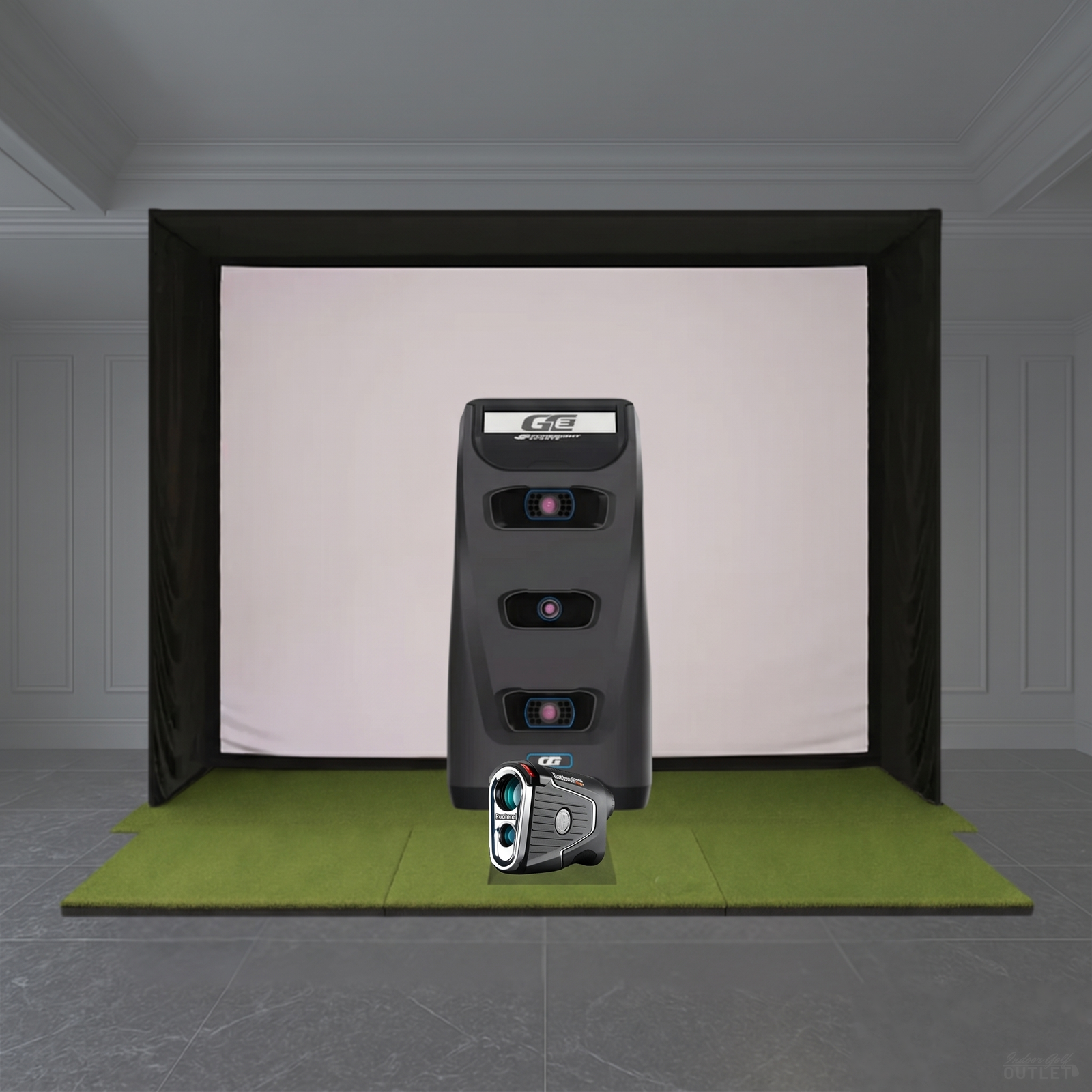 Foresight Sports GC3 Launch Monitor SIG Golf Simulator Studio Package shown with a Bushnell Pro X3 rangefinder.