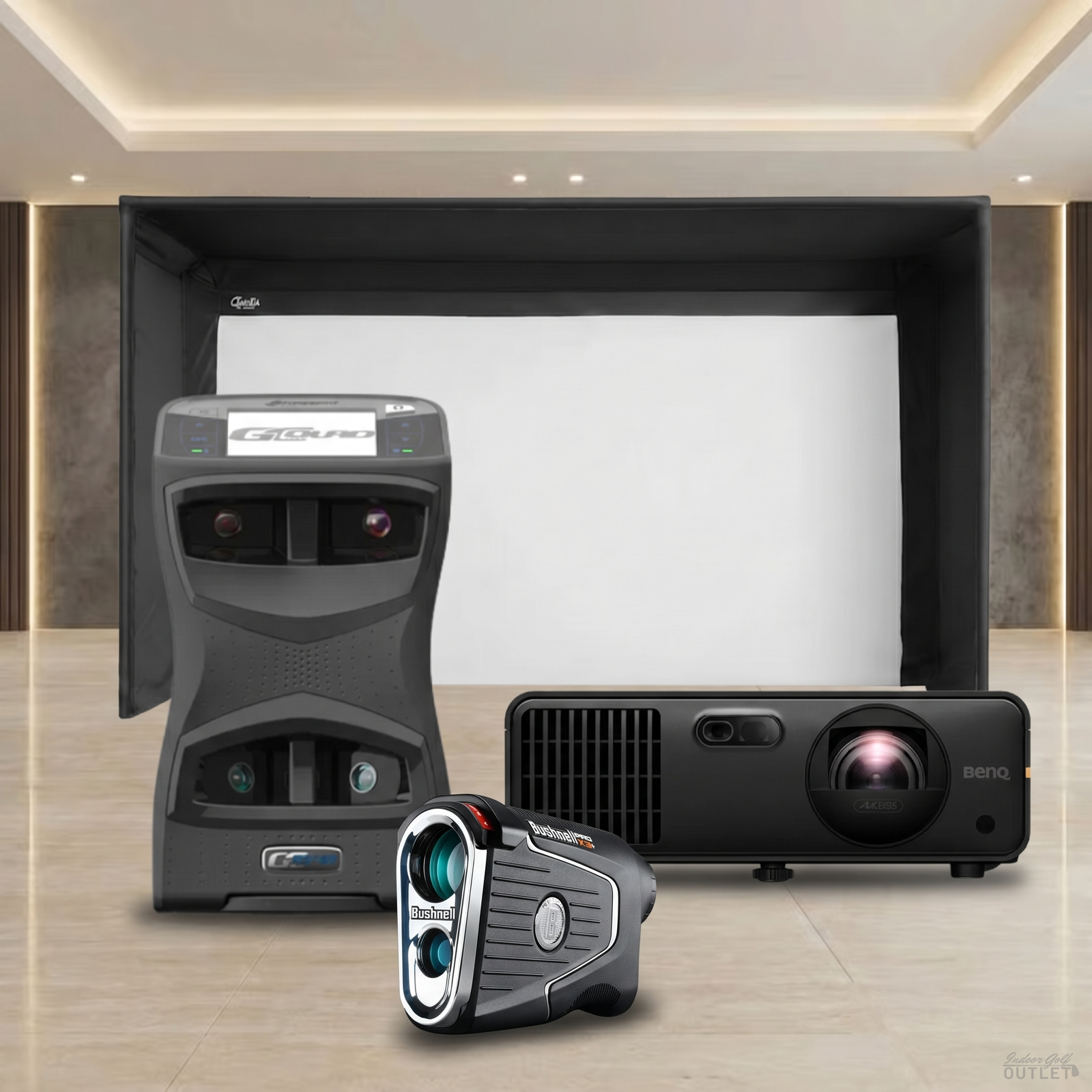 Foresight Sports GCQuad Launch Monitor Projector Carl's Place Pro Golf Simulator Enclosure Package shown with a Bushnell Pro X3 rangefinder.