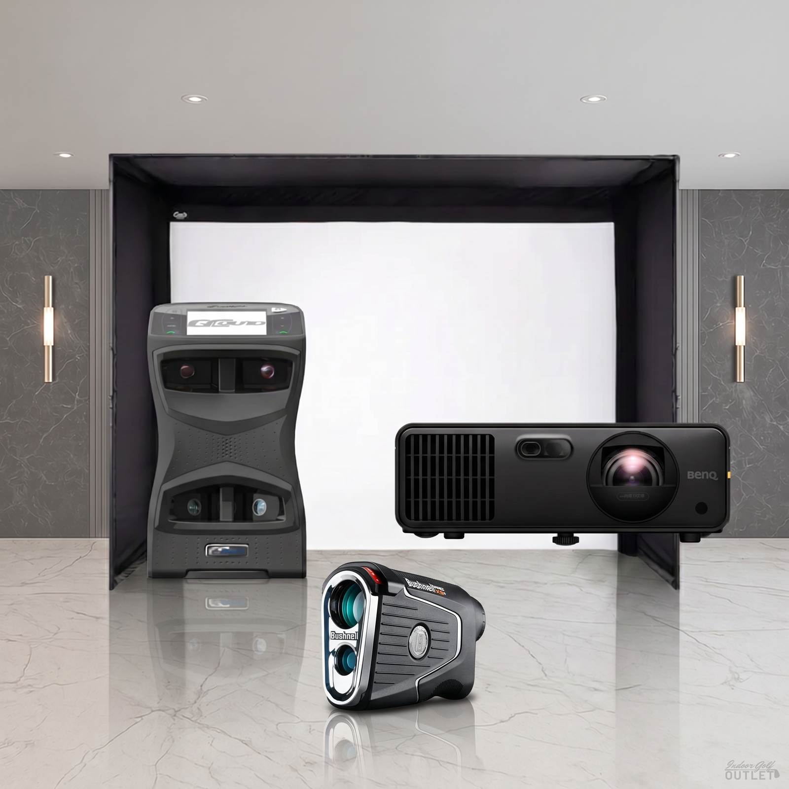 Foresight Sports GCQuad Launch Monitor Projector DIY Golf Simulator Enclosure Package shown with a Bushnell Pro X3 rangefinder.