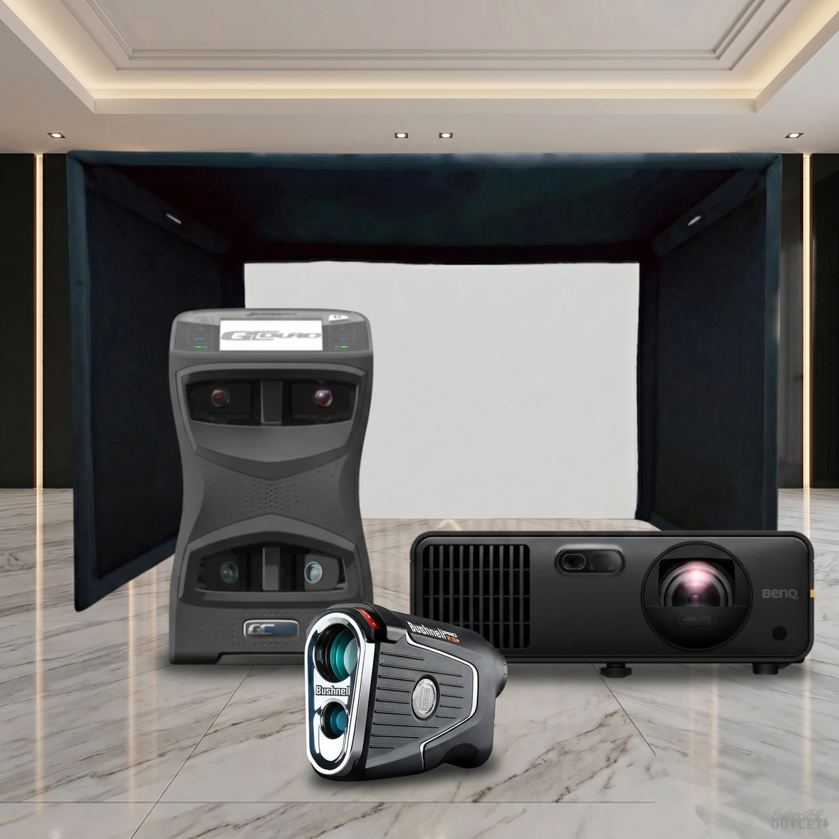 Foresight Sports GCQuad Launch Monitor Projector SIGPRO Commercial Golf Simulator Enclosure Package shown with a Bushnell Pro X3 rangefinder.