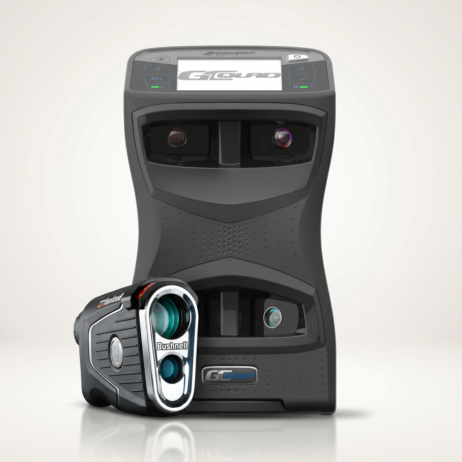 Foresight Sports GCQuad Launch Monitor shown with a Bushnell Pro X3 rangefinder.