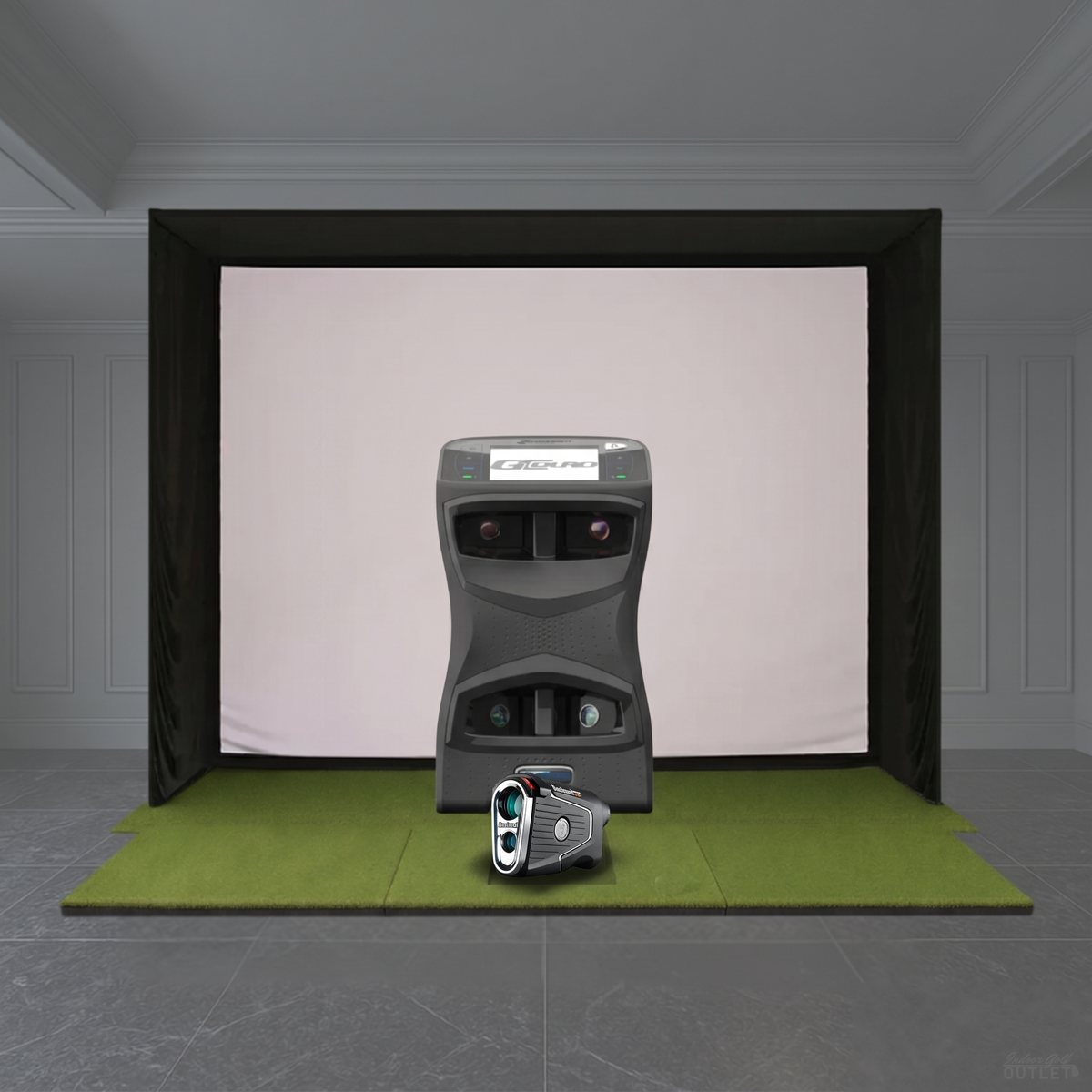Foresight Sports GCQuad Launch Monitor SIG Golf Simulator Studio Package shown with a Bushnell Pro X3 rangefinder.