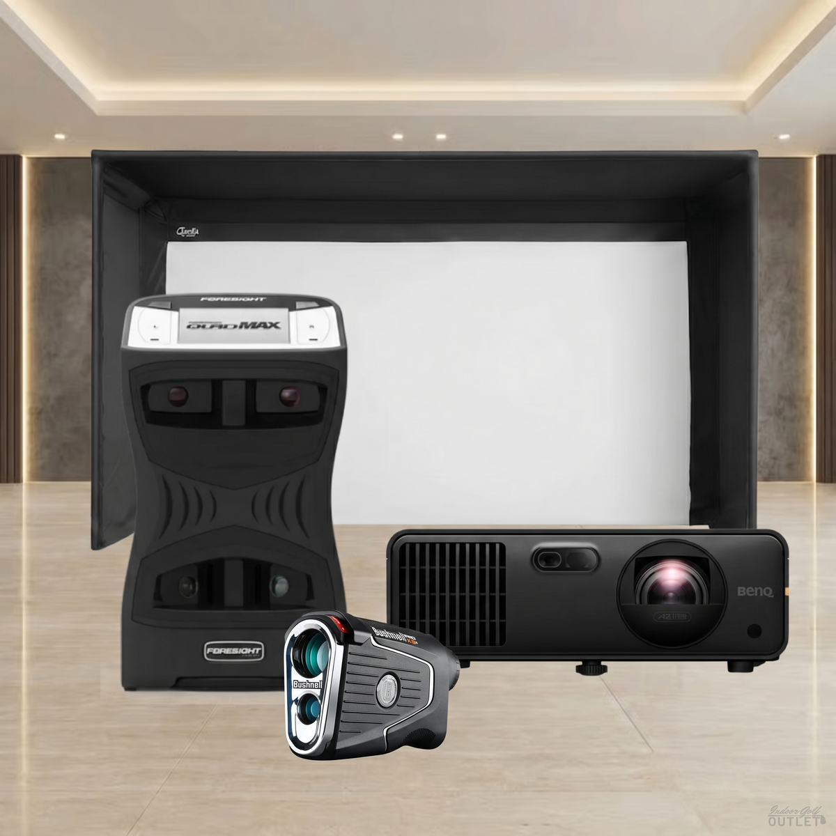 Foresight Sports QuadMAX Launch Monitor Projector Carl's Place Pro Golf Simulator Enclosure Package shown with a Bushnell Pro X3 rangefinder.