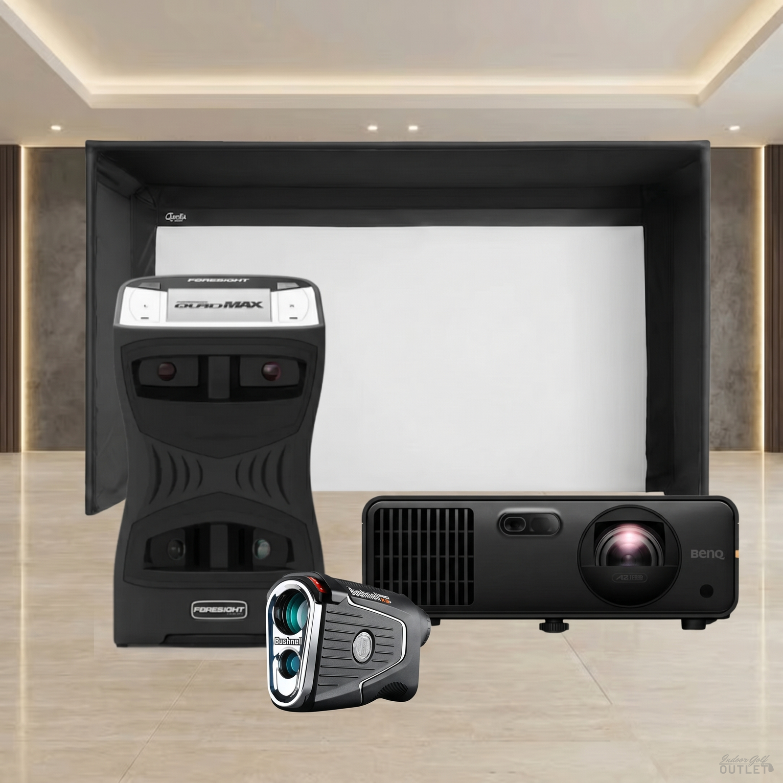 Foresight Sports QuadMAX Launch Monitor Projector Carl's Place Pro Golf Simulator Enclosure Package shown with a Bushnell Pro X3 rangefinder.
