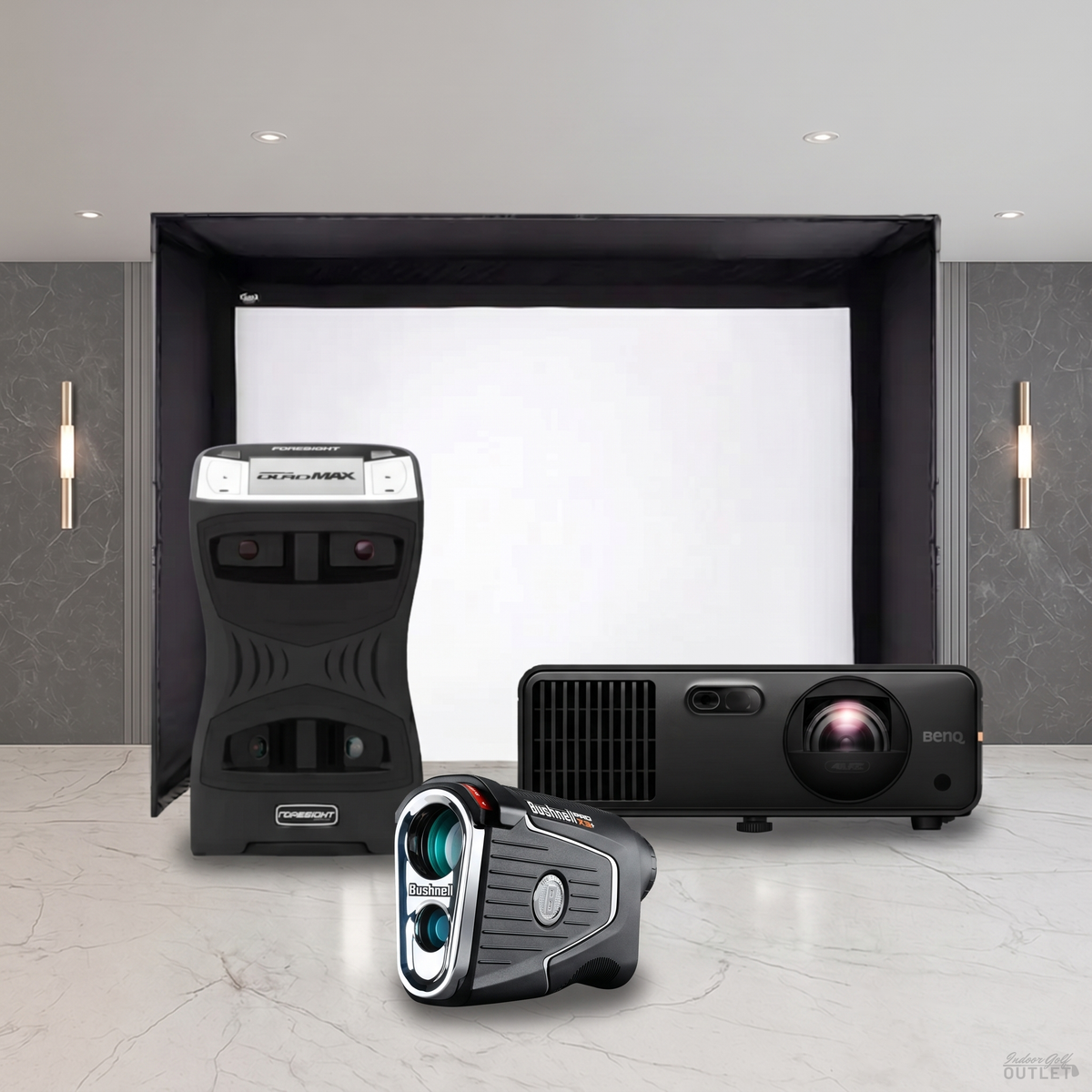 Foresight Sports QuadMAX Launch Monitor Projector DIY Golf Simulator Enclosure Package shown with a Bushnell Pro X3 rangefinder.