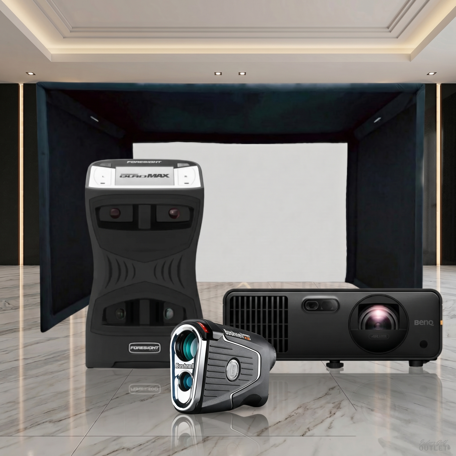Foresight Sports QuadMAX Launch Monitor Projector SIGPRO Commercial Golf Simulator Enclosure Package shown with a Bushnell Pro X3 rangefinder.