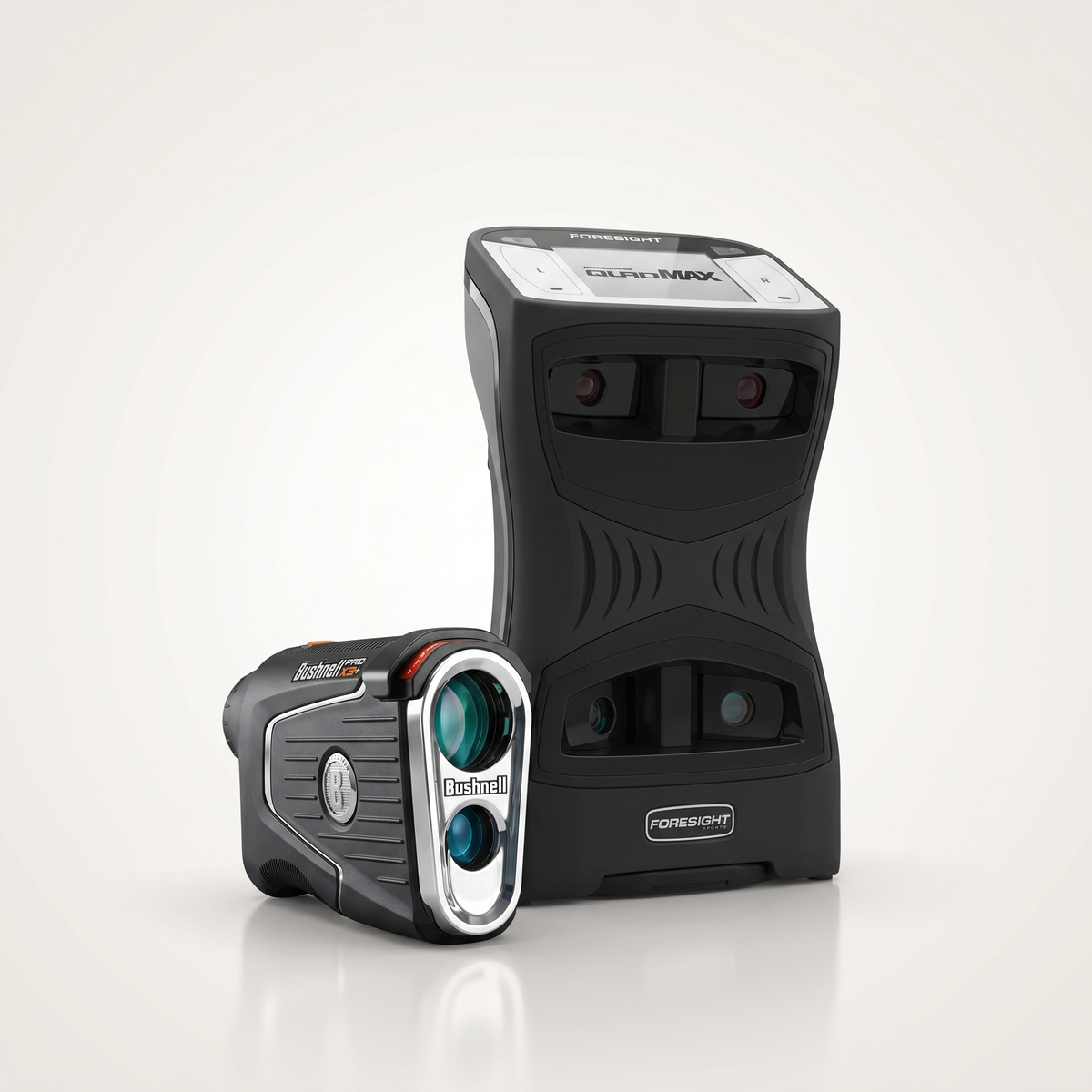Foresight Sports QuadMAX Launch Monitor shown with a Bushnell Pro X3 rangefinder.