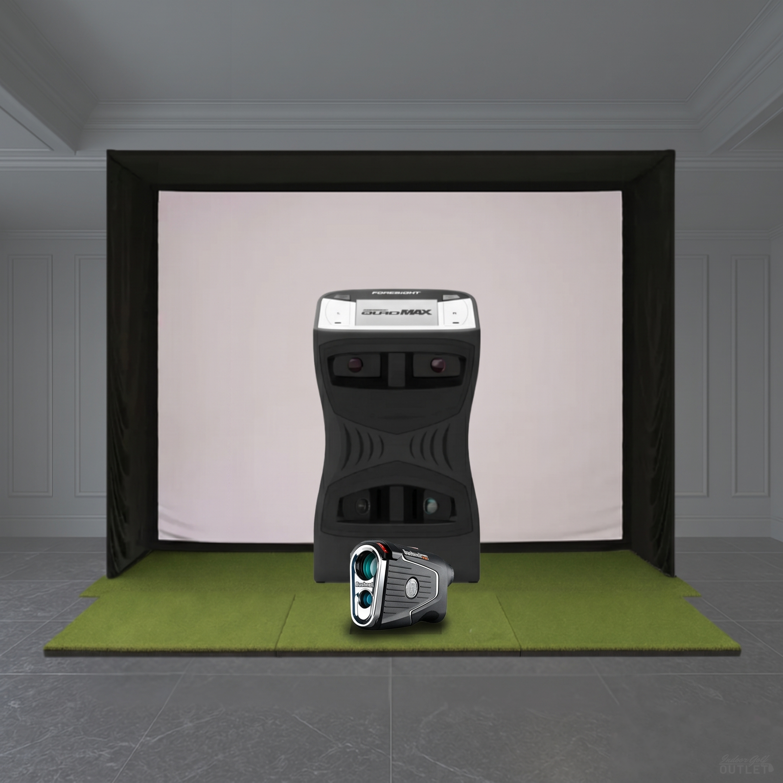Foresight Sports QuadMAX Launch Monitor SIG Golf Simulator Studio Package shown with a Bushnell Pro X3 rangefinder.