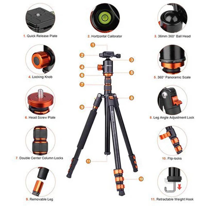 GEEKOTO AT24EVO Compact Aluminum Tripod feature details.