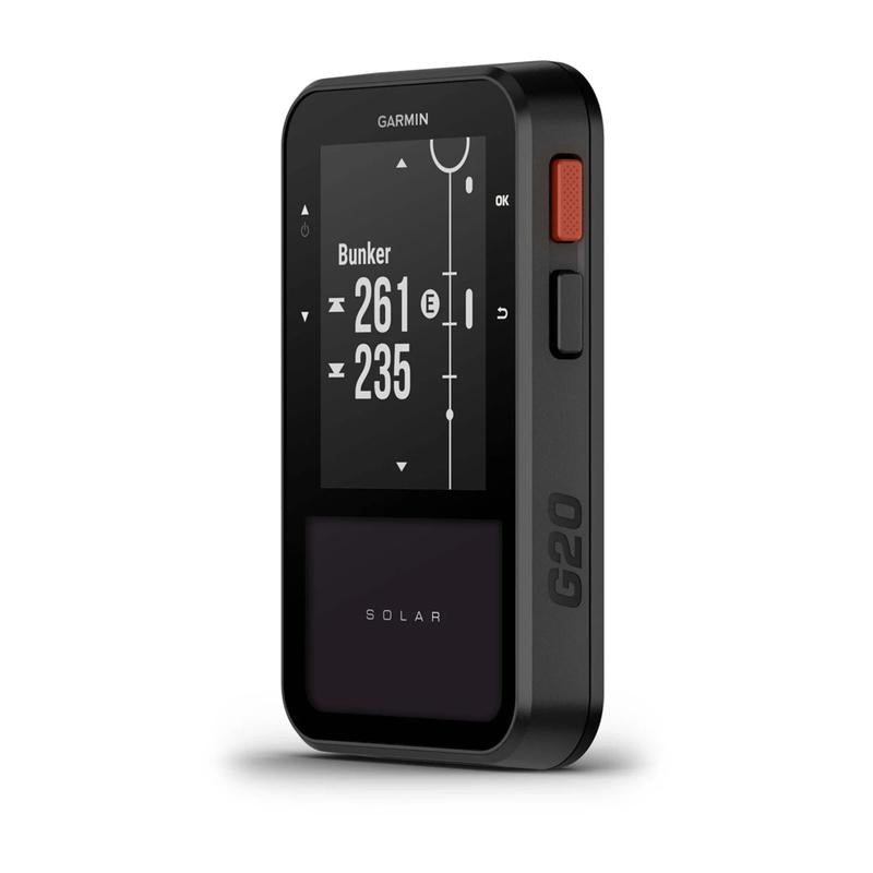 Garmin Approach G20 Solar Handheld Golf GPS angled view bunker display.